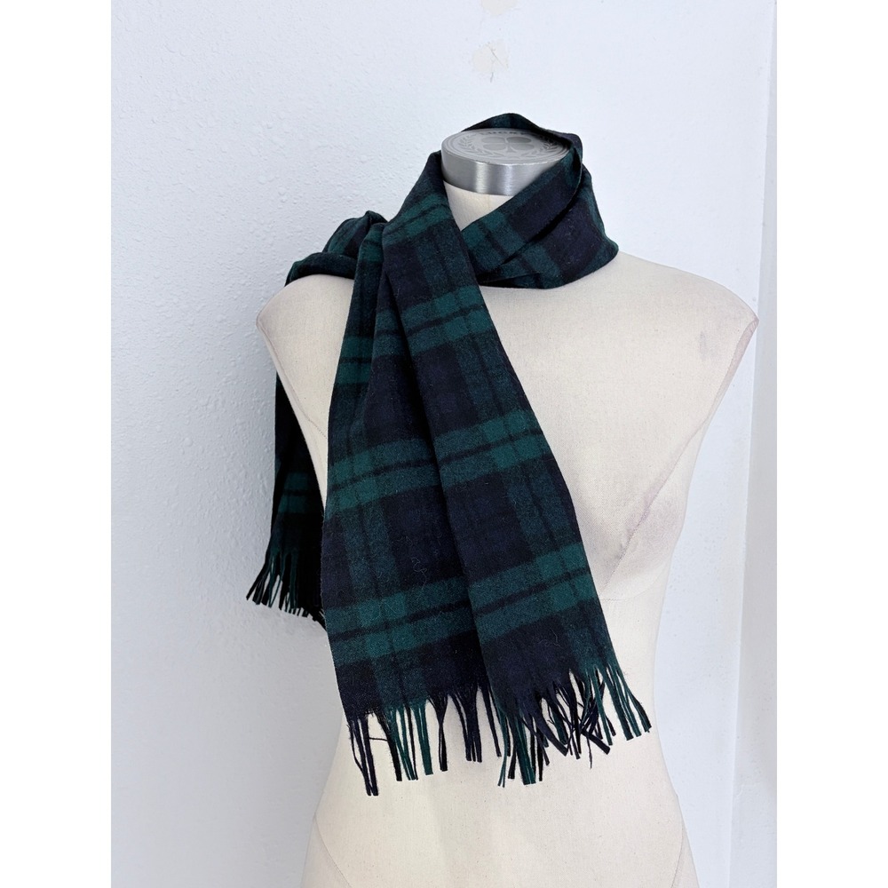 Vintage Pendleton Black Watch Tartan Plaid Wool Scarf Fringe Navy Green USA